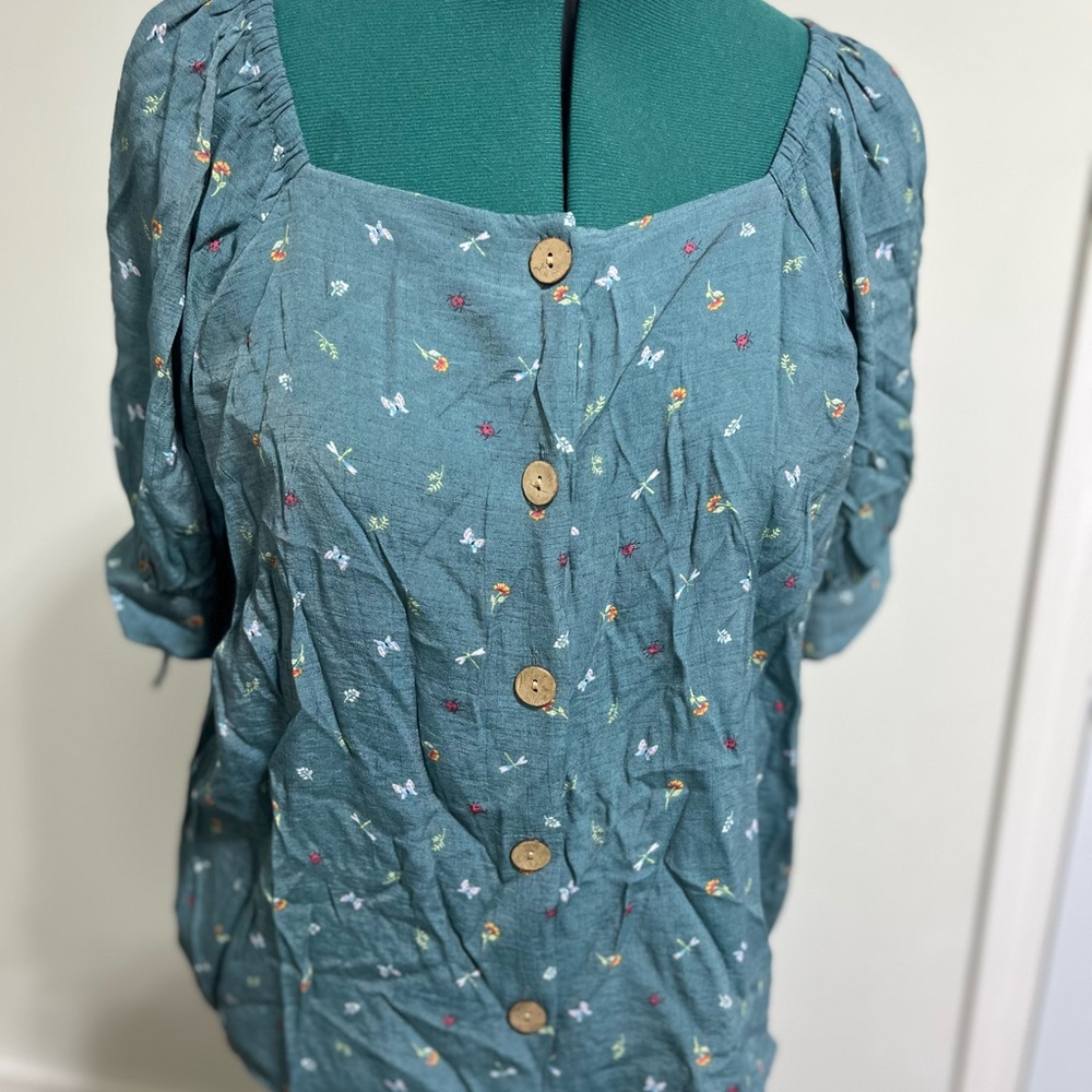 LC Lauren Conrad Teal Floral Button-Down Blouse